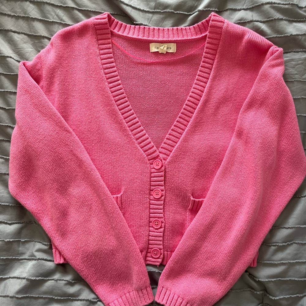 Pink V-Neck Button-Up Women's Sweater
